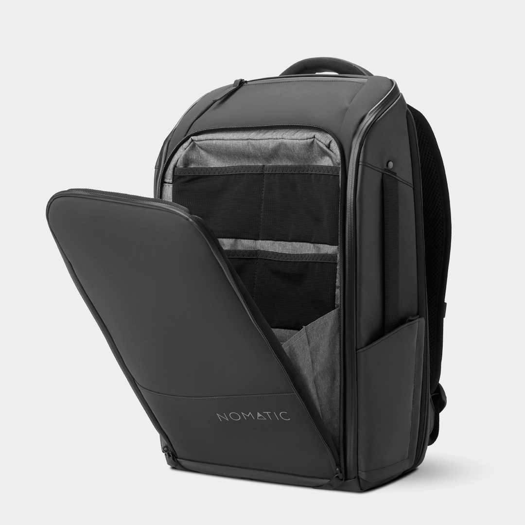 Nomatic Black Backpack Open Pocket Front Angle View#color_black