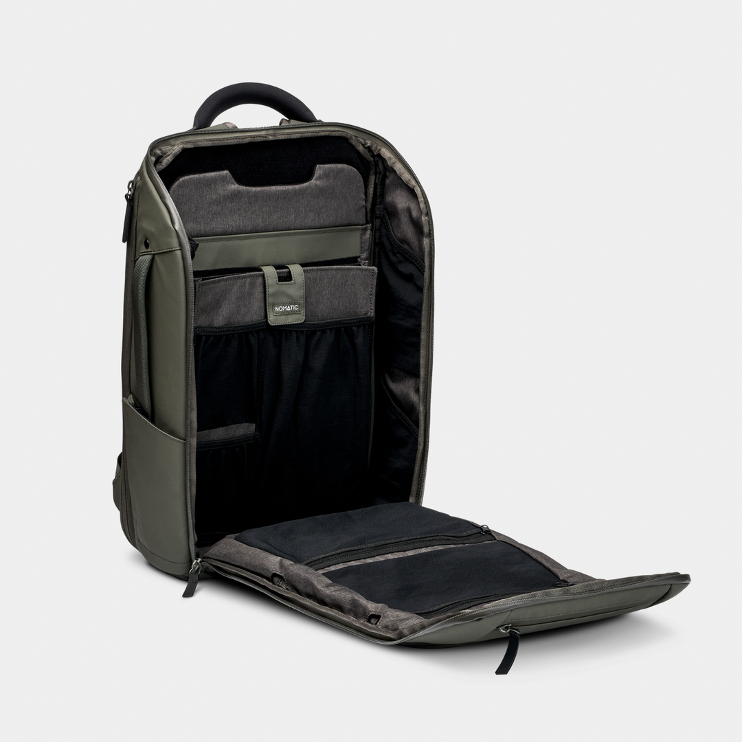 Nomatic Olive Backpack Open Pocket Front Angle View#color_olive