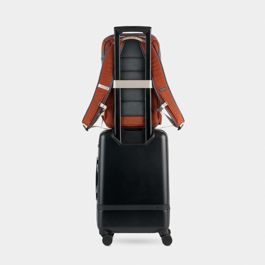 Rust Luma Camera Pack 18L On a Carry-On Back View #color_rust