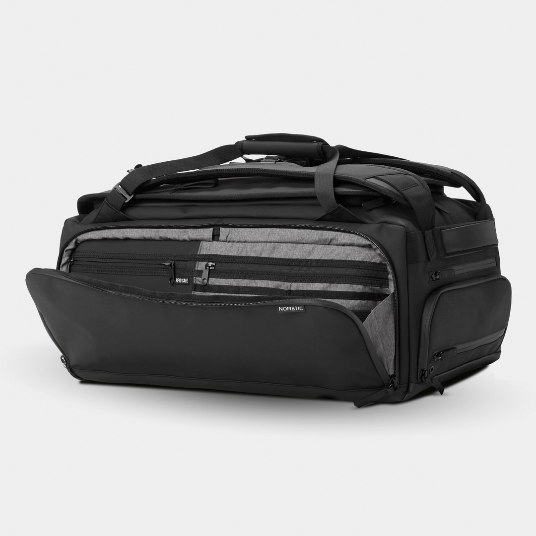 Nomatic Black Travel Bag 40L Side Pocket Front View