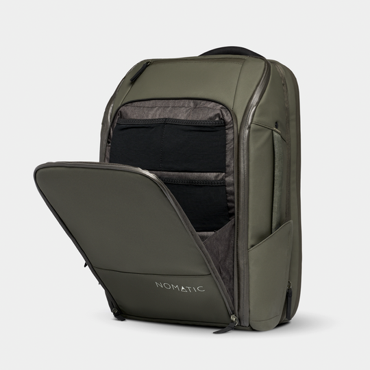 Nomatic Olive Travel Pack Open Pocket Front Angle View#color_olive